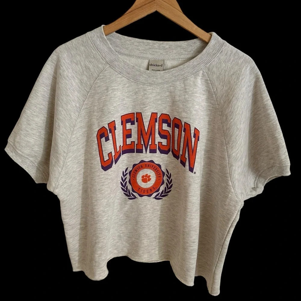 Chicka-d Large Clemson Tigers Short Sleeve Sweatshirt Top Gameday Gray‎ Football